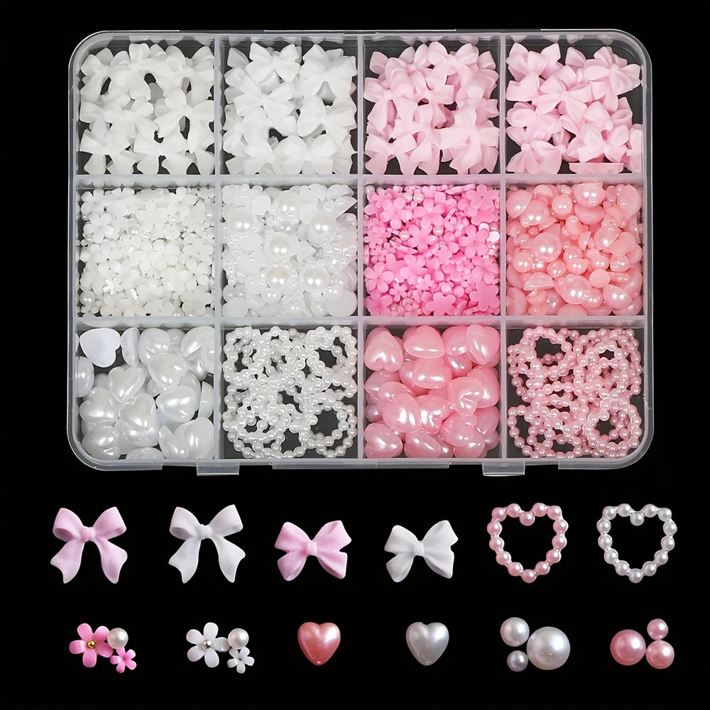 500PCS 3D Nail Art Decoration Kit with Resin Bows, Flat Back Pearls,