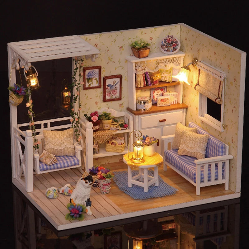 Kitten Mini Wooden Doll House Model Building Kits Toy Home Kit