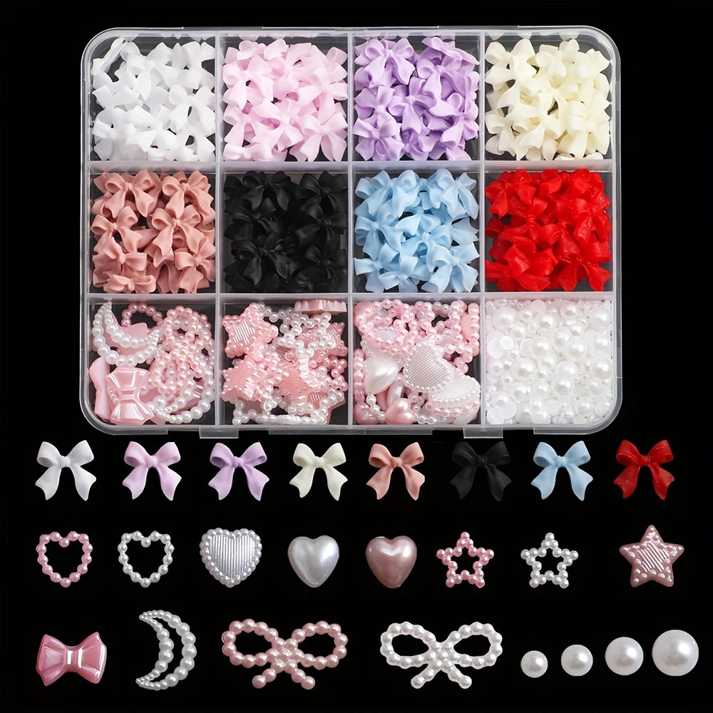 500PCS 3D Nail Art Decoration Kit with Resin Bows, Flat Back Pearls,