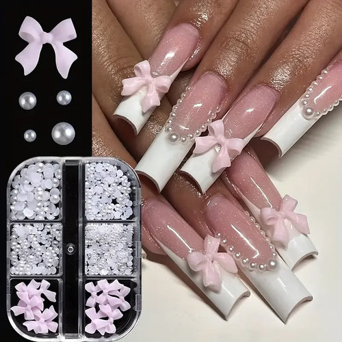 500PCS 3D Nail Art Decoration Kit with Resin Bows, Flat Back Pearls,