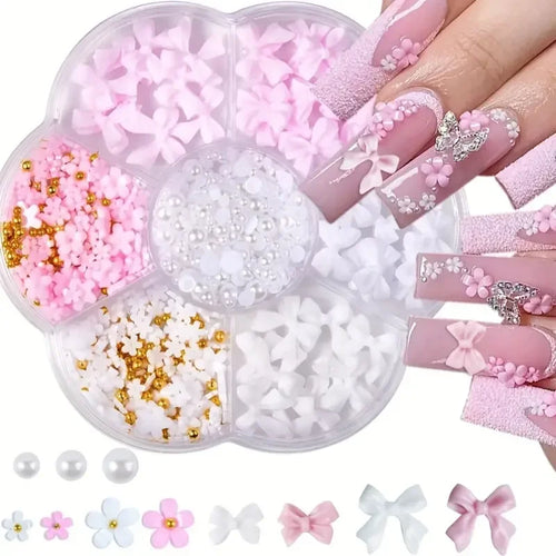 500PCS 3D Nail Art Decoration Kit with Resin Bows, Flat Back Pearls,