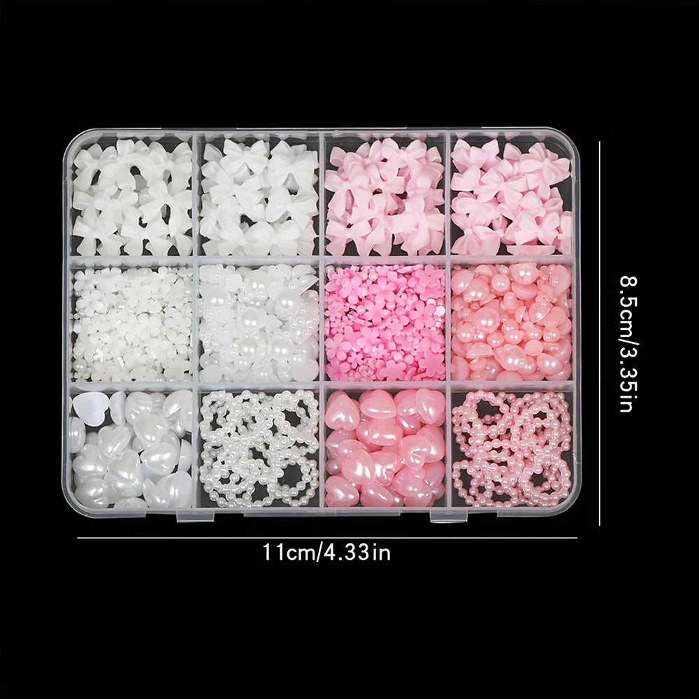 500PCS 3D Nail Art Decoration Kit with Resin Bows, Flat Back Pearls,