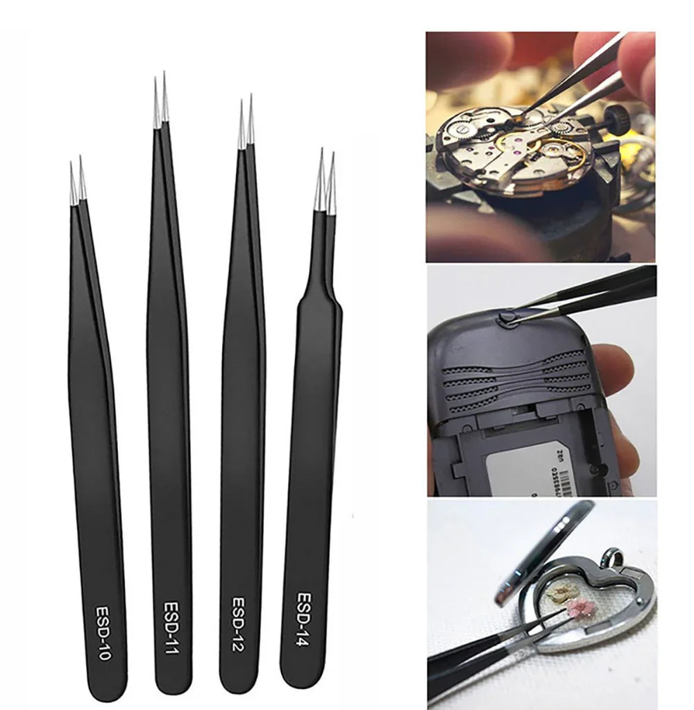 2/6pcs Precision Tweezers Set ESD Anti-Static Stainless Steel Tweezers