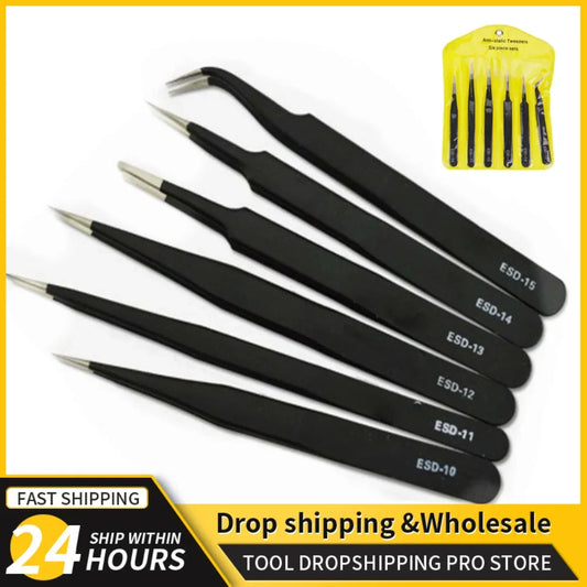2/6pcs Precision Tweezers Set ESD Anti-Static Stainless Steel Tweezers