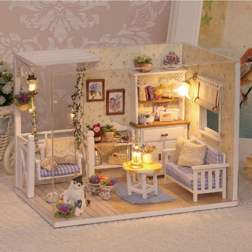 Kitten Mini Wooden Doll House Model Building Kits Toy Home Kit