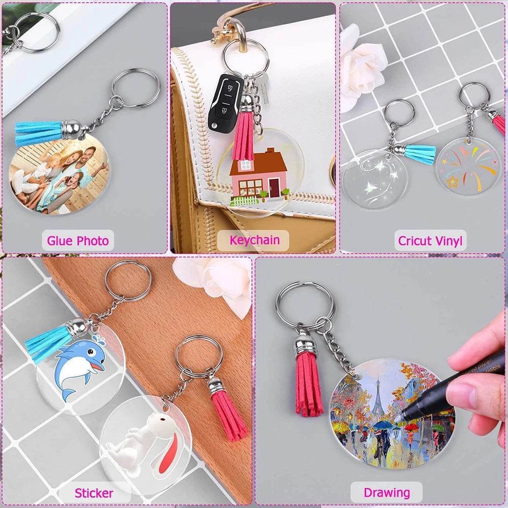 40PCS Acrylic Clear Circle Discs Keychain Set with Leather Tassel