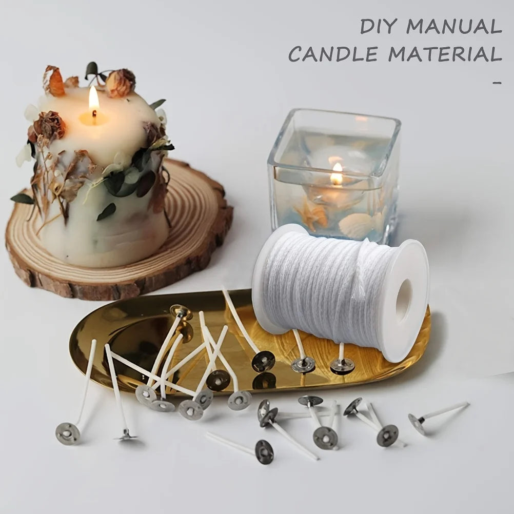 1 Roll Candle Cotton Wicks +100pcs Metal Candle Wick Sustainer Tabs