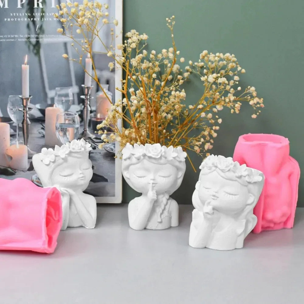 Concrete Vase Silicone Mold DIY Handmade Girl Head Shaped Flower Pot