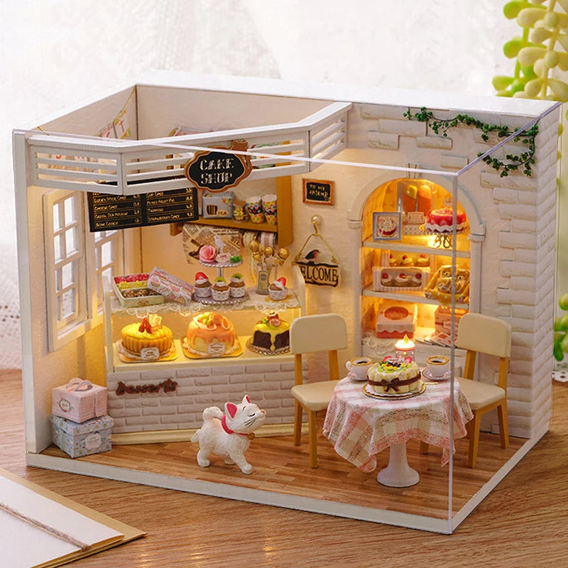 Kitten Mini Wooden Doll House Model Building Kits Toy Home Kit