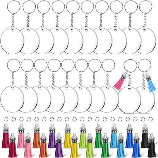 40PCS Acrylic Clear Circle Discs Keychain Set with Leather Tassel