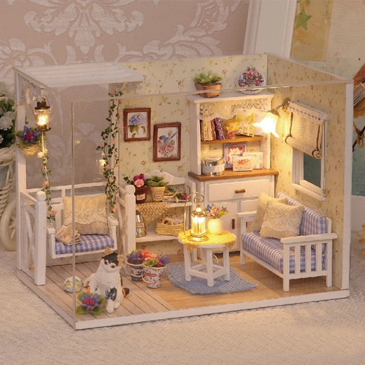 Kitten Mini Wooden Doll House Model Building Kits Toy Home Kit