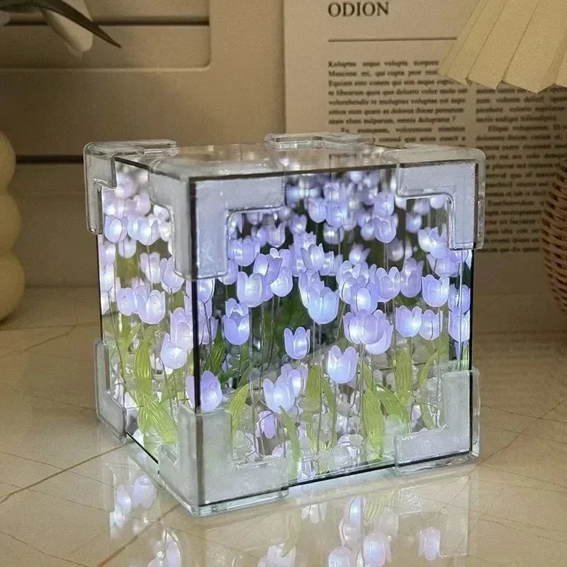 DIY Handmade Tulip Mirror Cube Lamp Simulation Flower Bedroom Sleeping