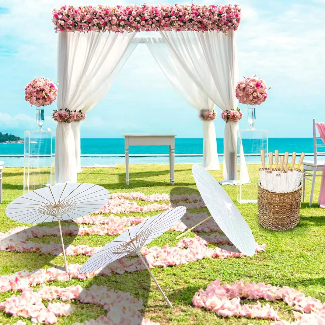 60/84cm Wedding Paper Umbrellas Chinese Wooden handle White DIY
