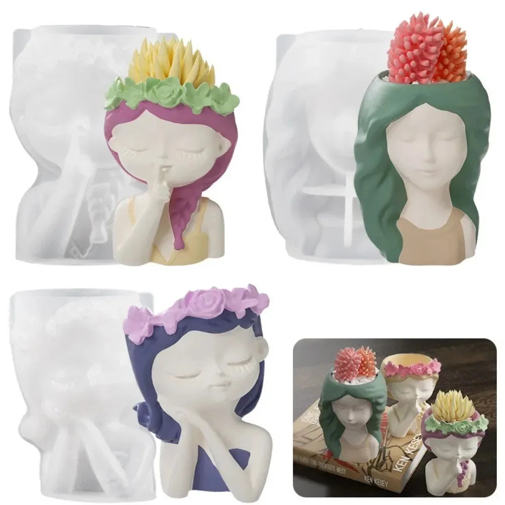 Concrete Vase Silicone Mold DIY Handmade Girl Head Shaped Flower Pot
