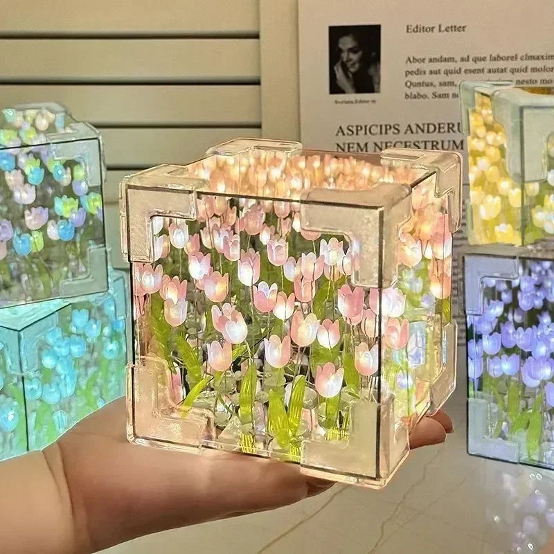DIY Handmade Tulip Mirror Cube Lamp Simulation Flower Bedroom Sleeping