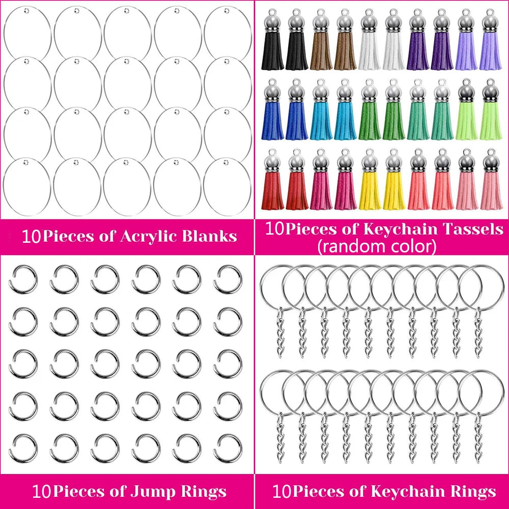 40PCS Acrylic Clear Circle Discs Keychain Set with Leather Tassel