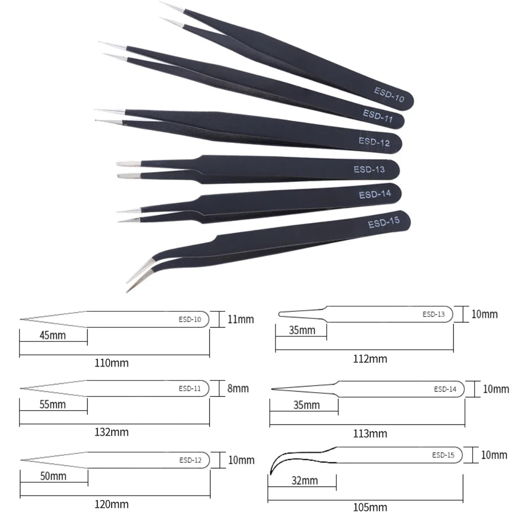 2/6pcs Precision Tweezers Set ESD Anti-Static Stainless Steel Tweezers