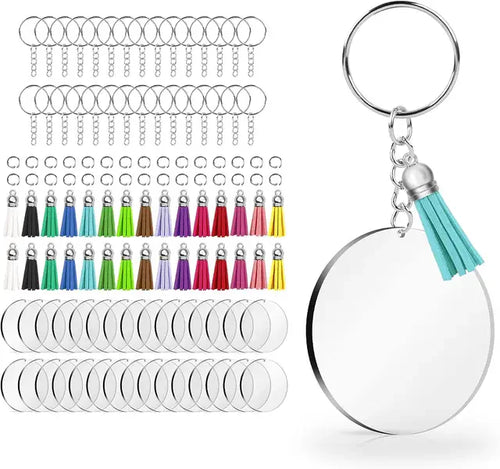 40PCS Acrylic Clear Circle Discs Keychain Set with Leather Tassel
