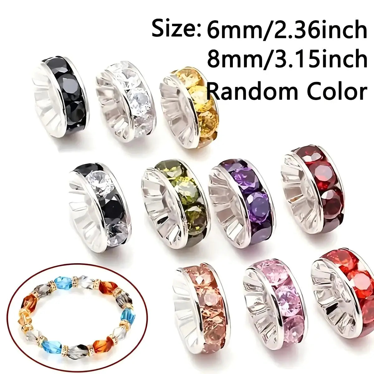 50pcs 6/8mm Mixed Color Shining Rondelle Loose BeadsInlaid Rhinestones