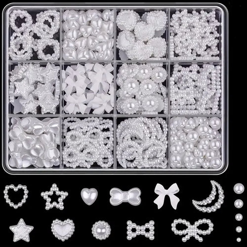 500PCS 3D Nail Art Decoration Kit with Resin Bows, Flat Back Pearls,