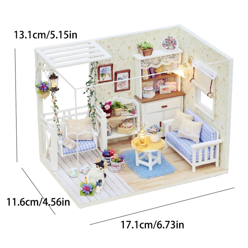 Kitten Mini Wooden Doll House Model Building Kits Toy Home Kit