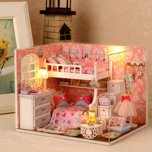 Kitten Mini Wooden Doll House Model Building Kits Toy Home Kit