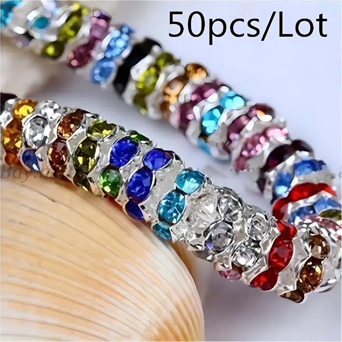 50pcs 6/8mm Mixed Color Shining Rondelle Loose BeadsInlaid Rhinestones
