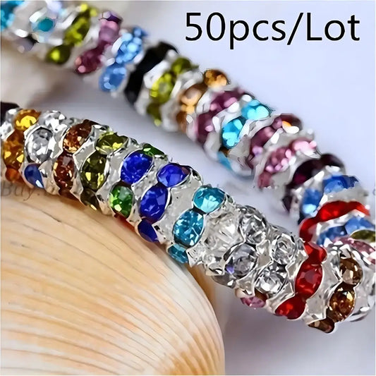 50pcs 6/8mm Mixed Color Shining Rondelle Loose BeadsInlaid Rhinestones