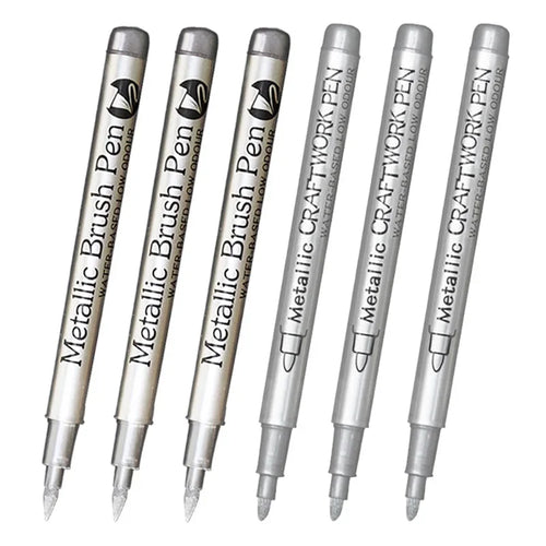 6Pcs Brush Metallic Paint Marker Pens Gold Silver Color Permanent Art