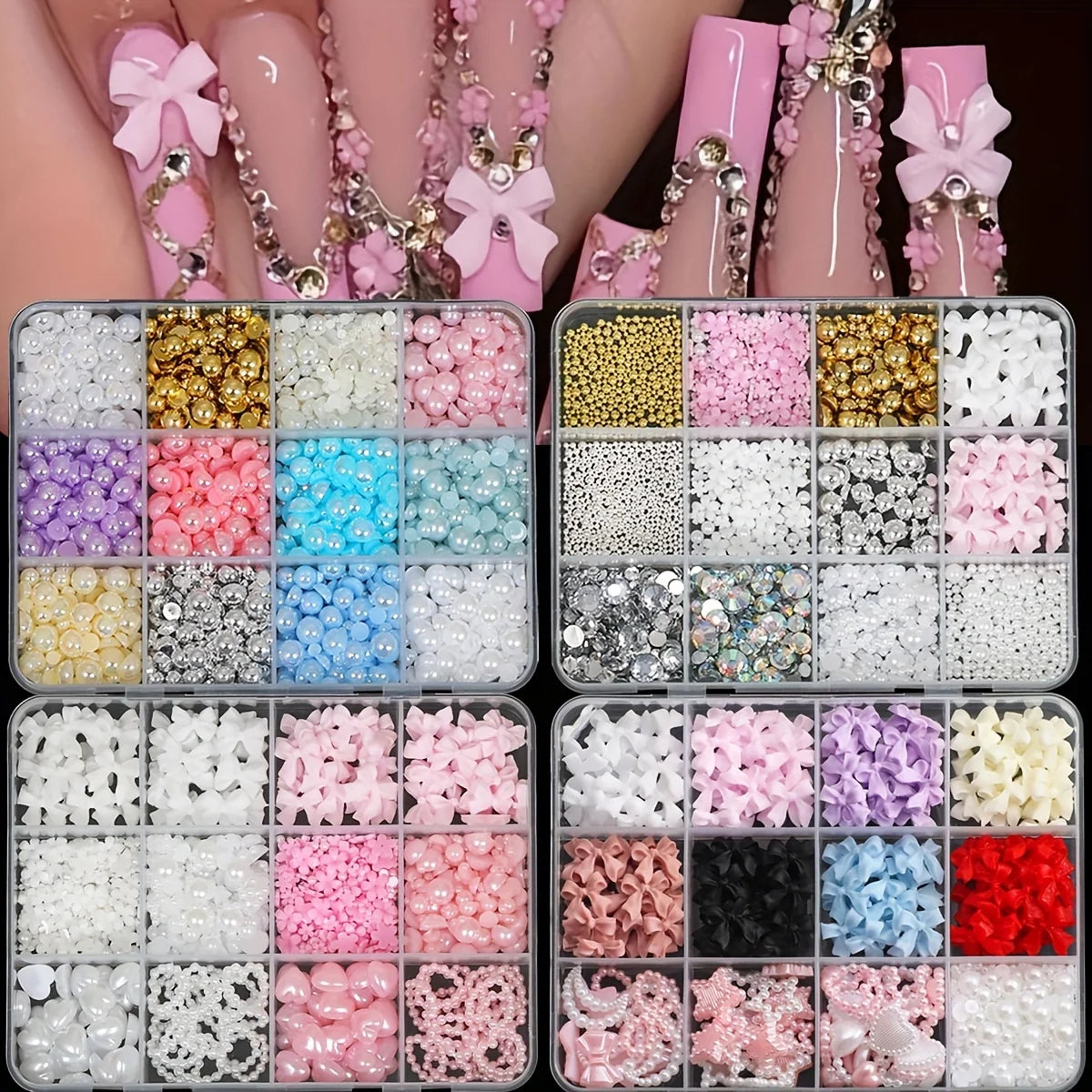 500PCS 3D Nail Art Decoration Kit with Resin Bows, Flat Back Pearls,