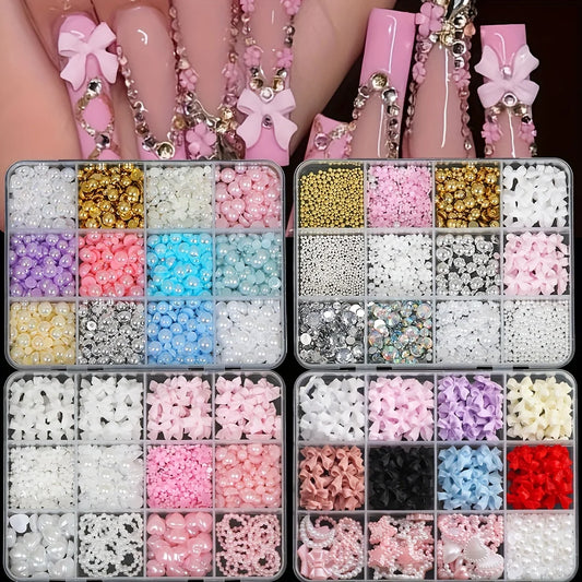500PCS 3D Nail Art Decoration Kit with Resin Bows, Flat Back Pearls,