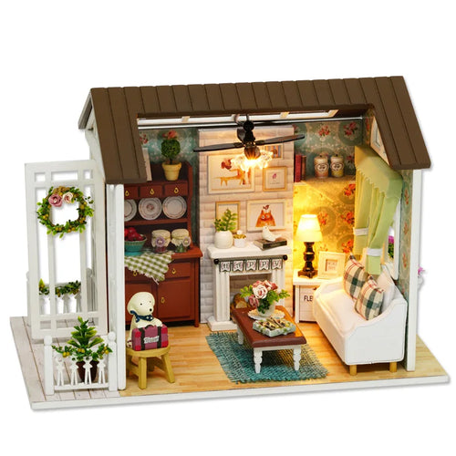 Kitten Mini Wooden Doll House Model Building Kits Toy Home Kit