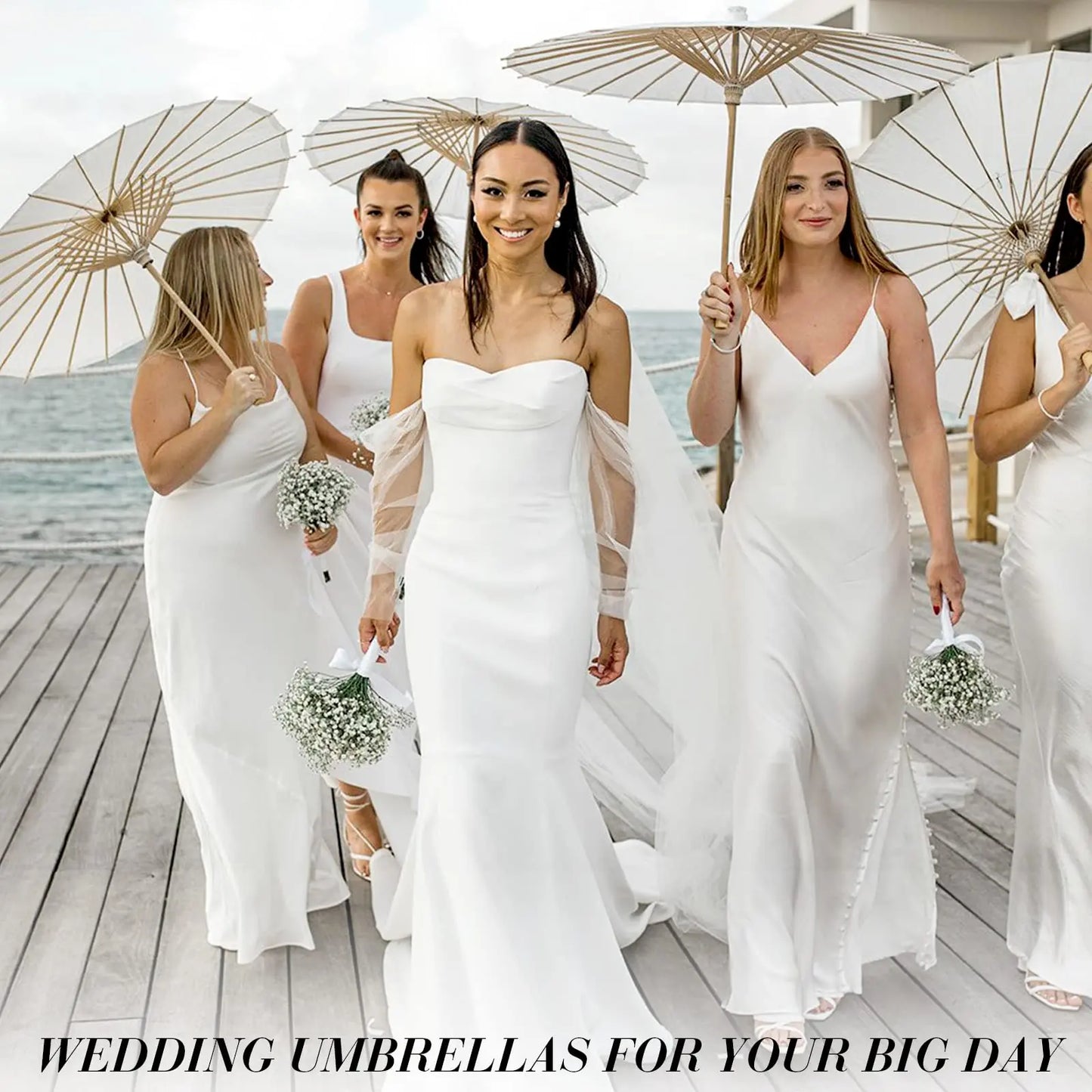 60/84cm Wedding Paper Umbrellas Chinese Wooden handle White DIY