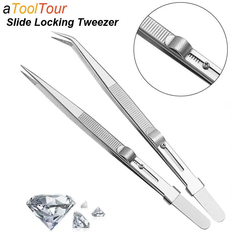 Stainless Steel Precision Tweezers Adjustable Slide Lock Antistatic
