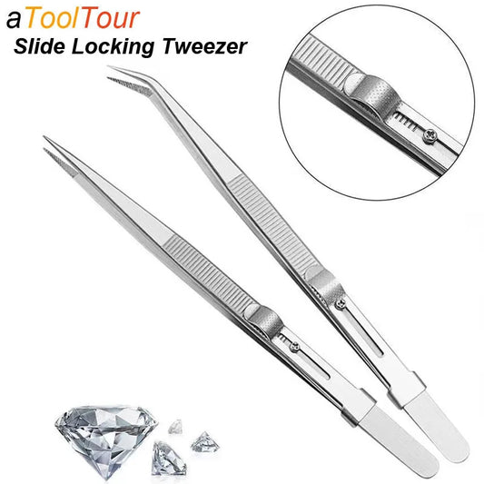 Stainless Steel Precision Tweezers Adjustable Slide Lock Antistatic