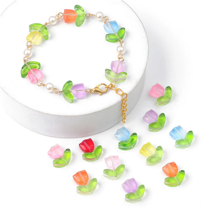 10/20Sets Handmade Colorful Glass Tulip Flower Beads Charm for Earring