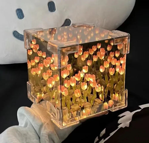 DIY Handmade Tulip Mirror Cube Lamp Simulation Flower Bedroom Sleeping