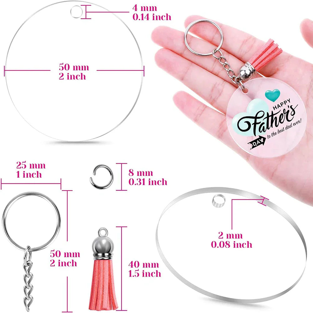 40PCS Acrylic Clear Circle Discs Keychain Set with Leather Tassel