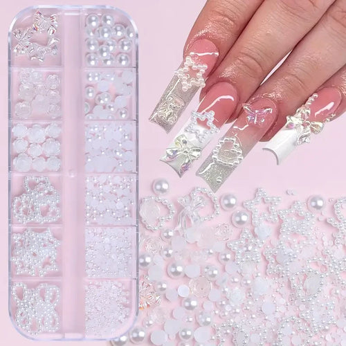 500PCS 3D Nail Art Decoration Kit with Resin Bows, Flat Back Pearls,