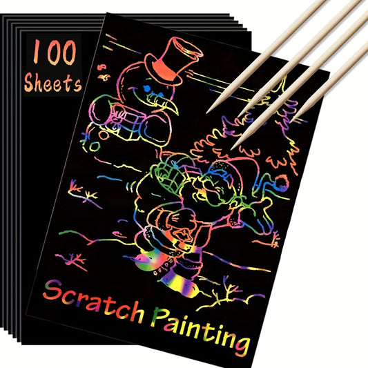 Scratch Paper Art - 100pcs Magic Scratch Off Craft Kit, Rainbow