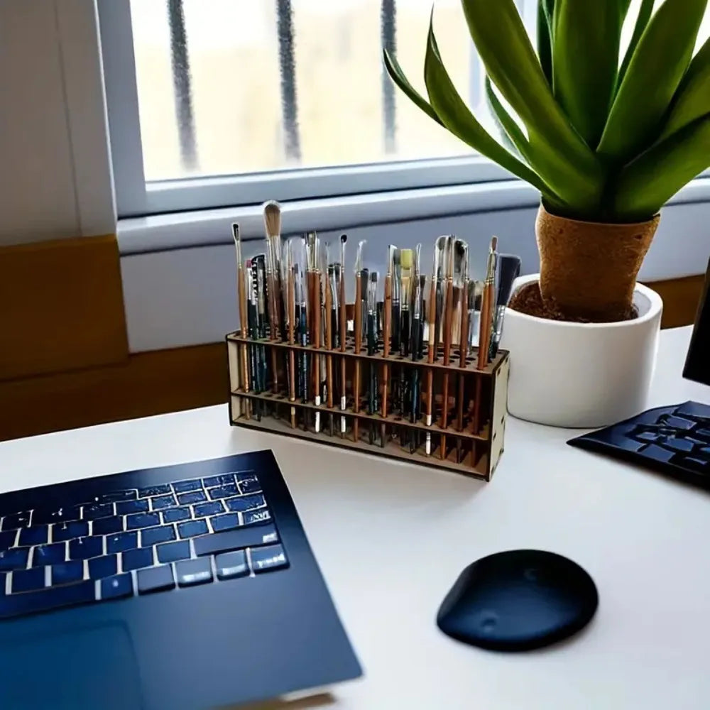 67-Slot Premium Wooden Brush Holder - Durable Artist Desk Organizer,