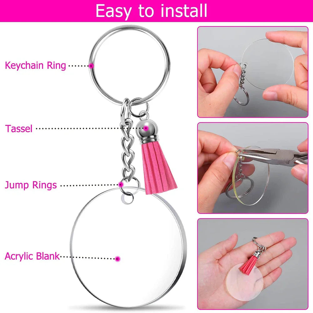 40PCS Acrylic Clear Circle Discs Keychain Set with Leather Tassel