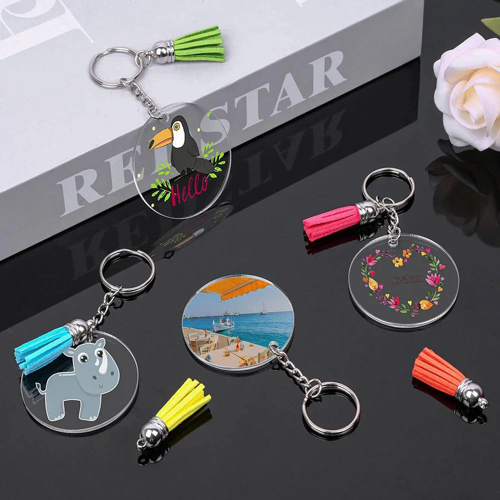 40PCS Acrylic Clear Circle Discs Keychain Set with Leather Tassel