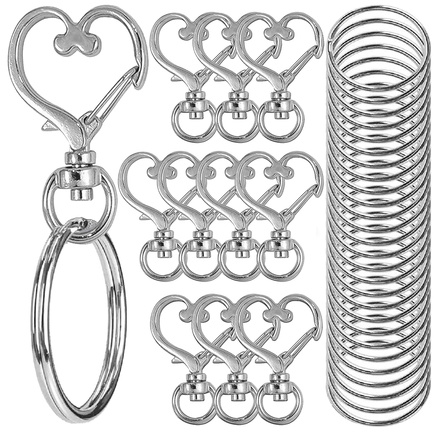20pcs Heart Shaped Swivel Snap Hooks with Key Ring Metal Keychains