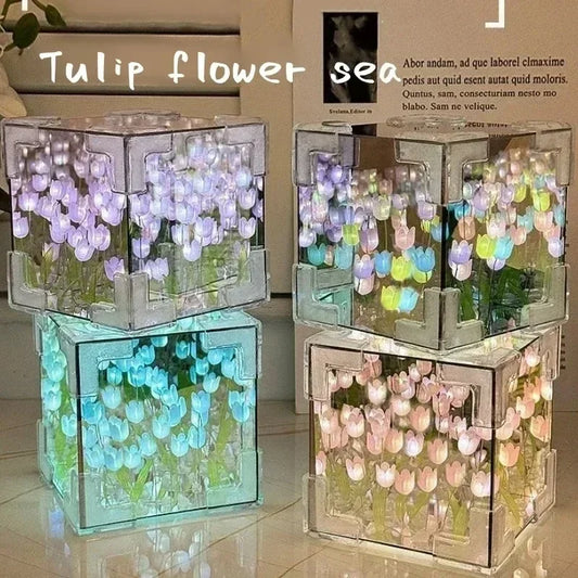 DIY Handmade Tulip Mirror Cube Lamp Simulation Flower Bedroom Sleeping