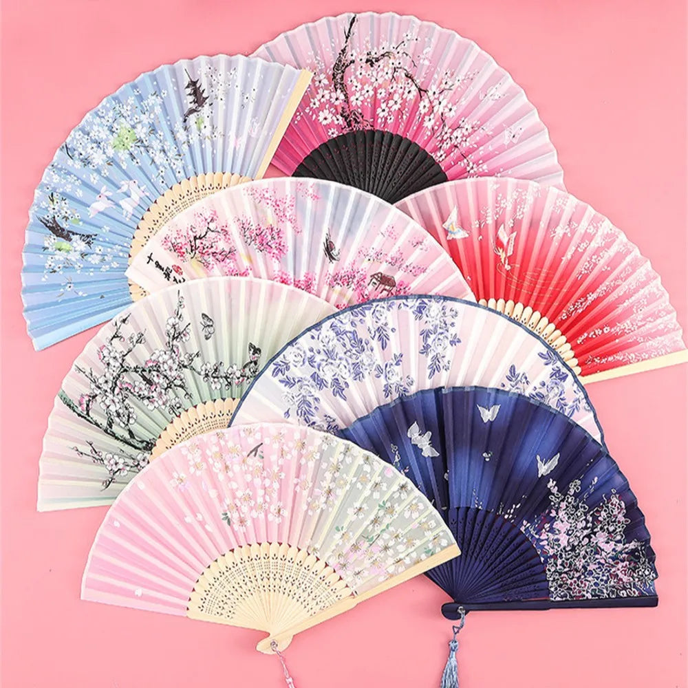 Vintage Silk Folding Hand Fan Chinese Japanese Bamboo Fans Craft Gifts