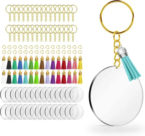 40PCS Acrylic Clear Circle Discs Keychain Set with Leather Tassel