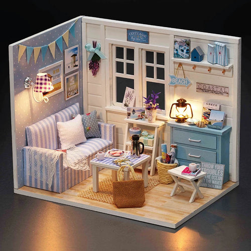 Kitten Mini Wooden Doll House Model Building Kits Toy Home Kit