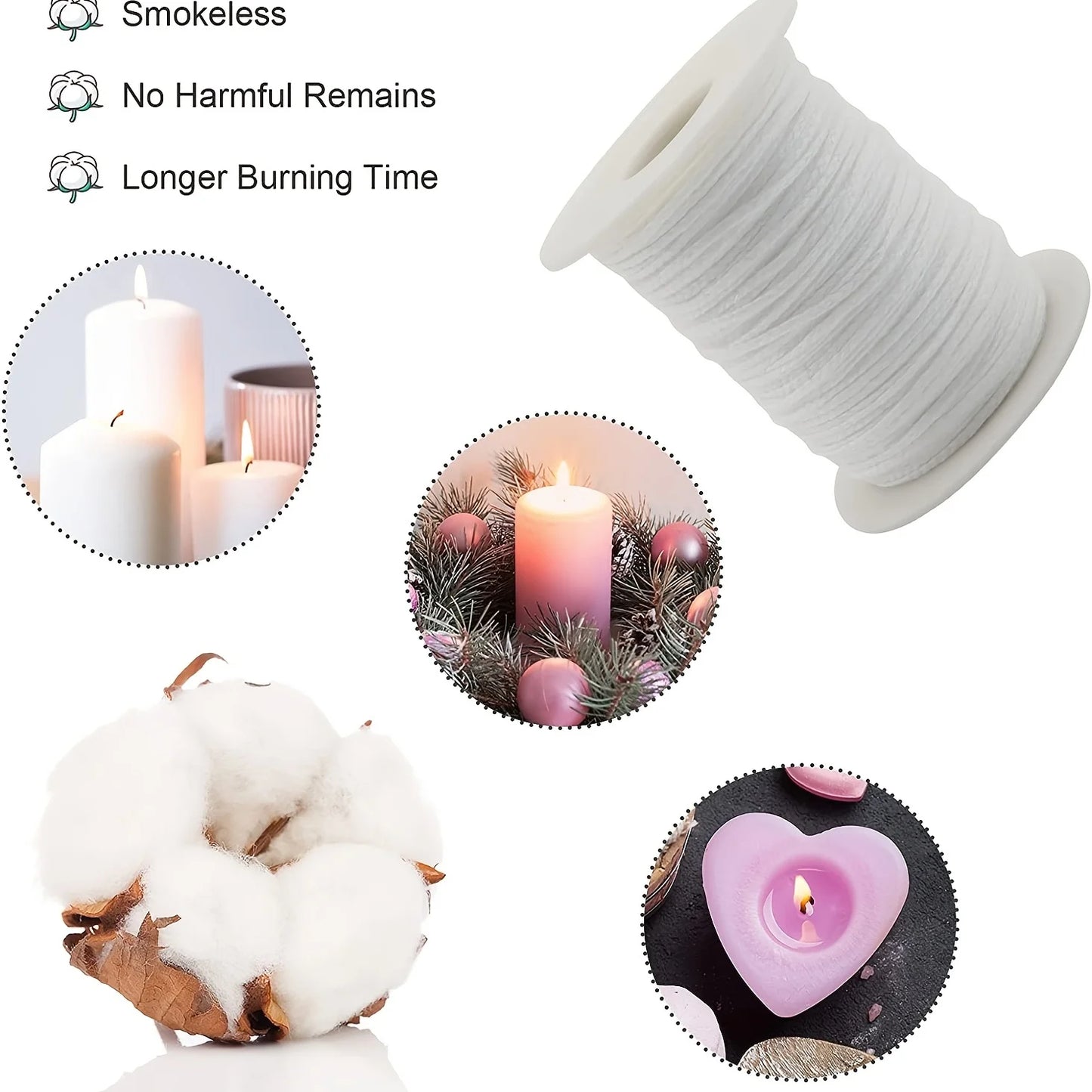 1 Roll Candle Cotton Wicks +100pcs Metal Candle Wick Sustainer Tabs