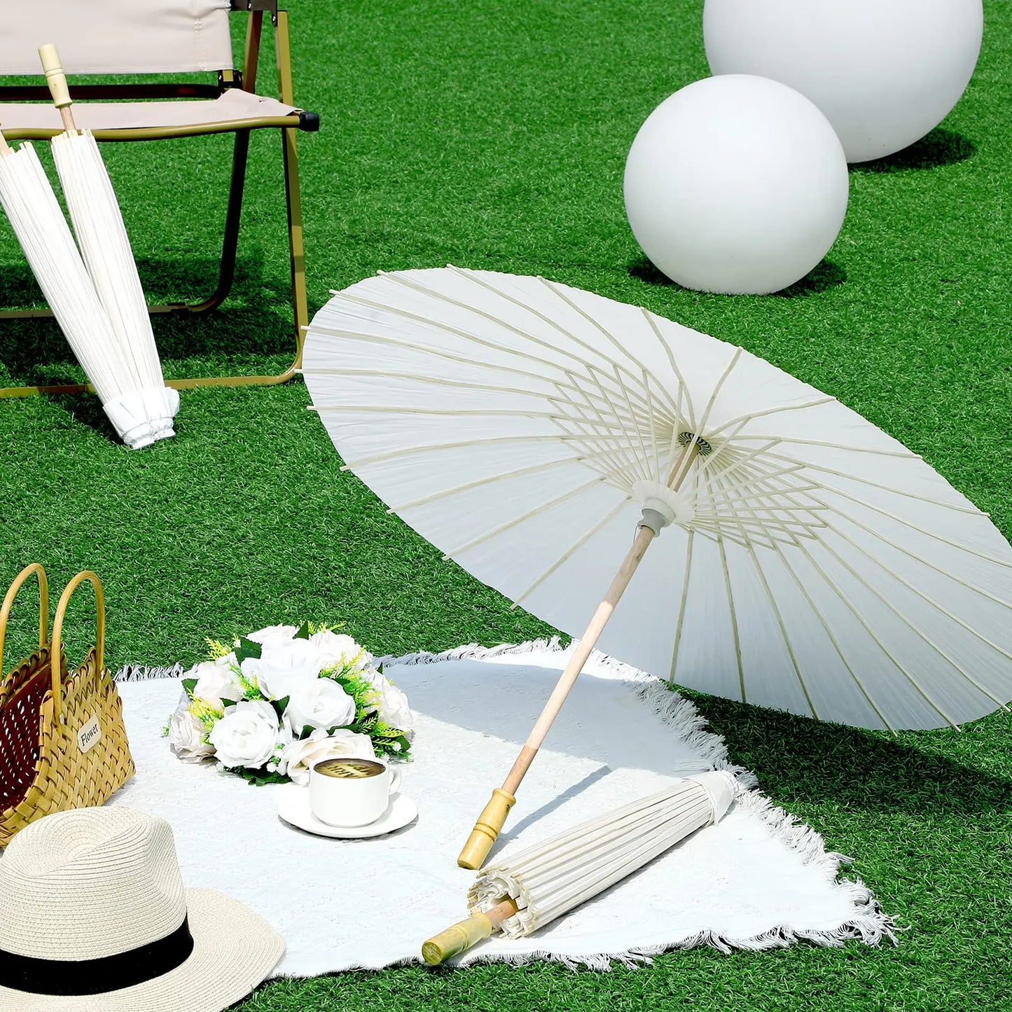 60/84cm Wedding Paper Umbrellas Chinese Wooden handle White DIY